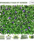 Expandable Fence Privacy Screen For Balcony And Patio Outdoor With Decorative Faux Ivy Fencing Panel And Artificial Hedges In A Natural Willow Look With Purple Flower, shown in full view.