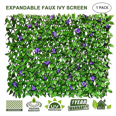 Expandable Fence Privacy Screen For Balcony And Patio Outdoor With Decorative Faux Ivy Fencing Panel And Artificial Hedges In A Natural Willow Look With Purple Flower, shown in full view.