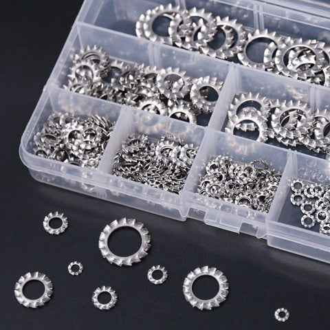 Hilitchi star lock washers assortment in plastic organizer box; 304 stainless steel, 300 pcs, sizes M2.5–M12.