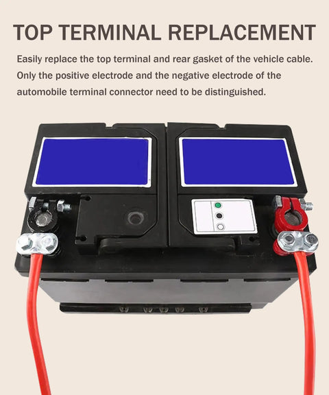 Top terminal replacement with 2 Pack Battery Terminal Clamps With Plated Top Terminals And Post Washers, Anti Corrosion Car Battery Connectors For Cars Trucks And Vans, Easy Install, Plug And Play, Secure Fit, Durable Performance on vehicle battery with red and black cables.