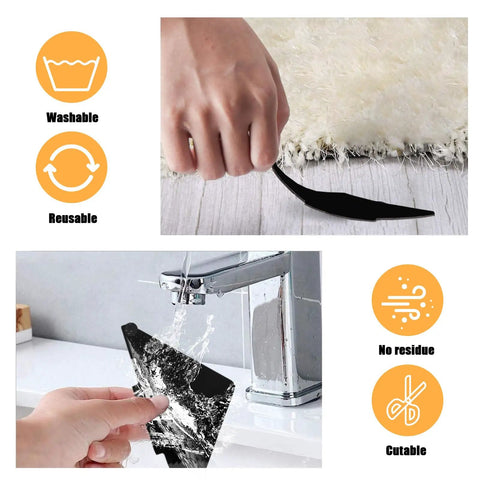Non Slip Rug Stopper Tape Set 10 Pcs Double Sided Reusable Rug Grippers being washed and used on carpet