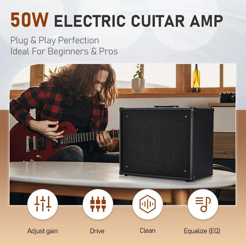 Musician using 50W Electric Guitar Amp Combo with 10 Inch Speaker for home practice and studio jams, table display