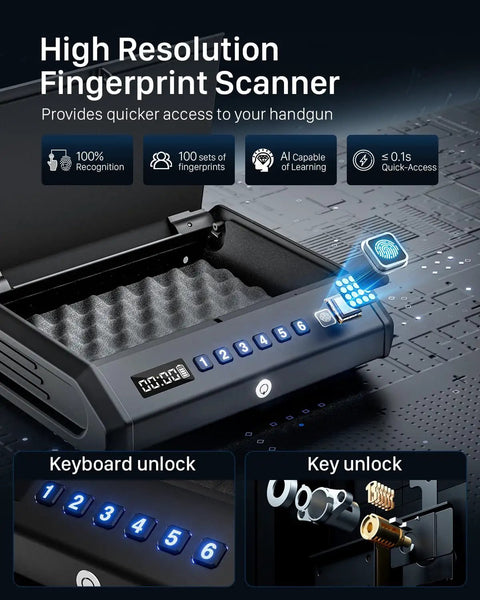 Rock Solid Biometric Pistol Vault Secure Fingerprint Handgun Locker With Built In Light And Silent Mode For Home Bedroom Or Pickup Truck Storage Aa Battery Powered showing high-resolution fingerprint scanner and keypad.