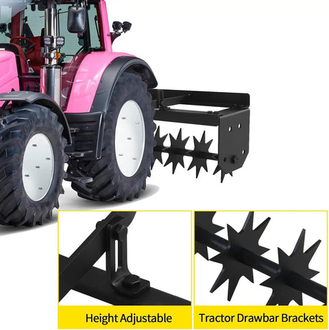 Tow Behind Lawn Aerator 32 Inch Heavy Duty Core Aerator Tool With Universal Hitch For Tractors And Zero Turn Mowers attached to pink tractor