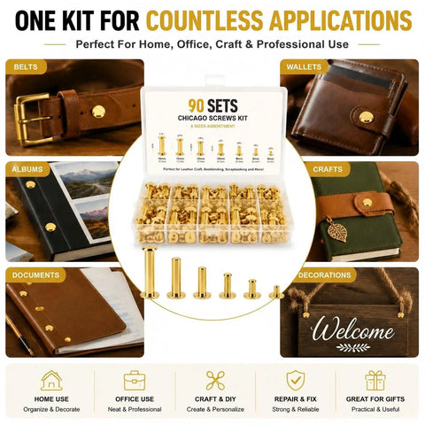 Solid Chicago Screw Assortment Kit With 90 Complete Sets Across 6 Essential Sizes M5 Binding Posts And Rugged Carbon Steel Hardware displayed with leather crafts and projects.