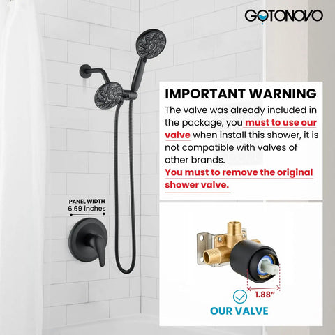 Dual 2 in 1 Shower Head Kit High Pressure Combo System with wall-mounted heads, matte black with valve warning sign.
