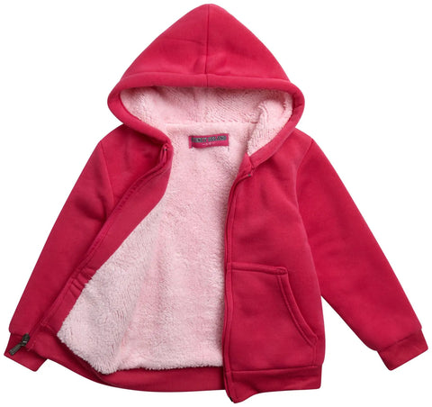 Girls Cozy Soft Fleece Sherpa Lined Zip Up Hoodie For School And Play, open fuchsia pink hoodie with sherpa lining, size 5-6.