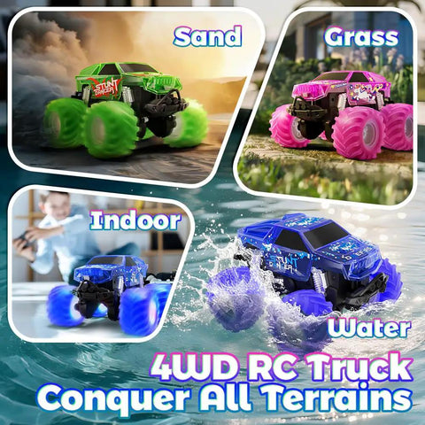 Pink Monster Truck Remote Control Car For Girls, Unicorn Themed 4WD Off Road RC Truck With Colorful LED Lights on different terrains