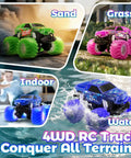 Amphibious Monster RC Truck With Waterproof Build, 4WD Off Road Remote Control Car For Kids on sand, grass, water, and indoor.