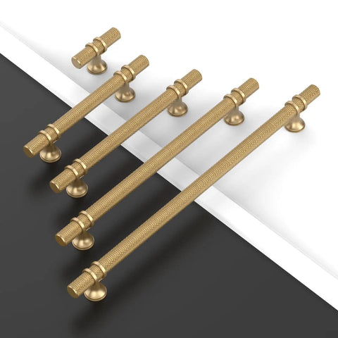 Top Shelf Ten Pack Champagne Bronze Cabinet Pulls Knockout 5 Inch Knurled Drawer Handle Heavy Duty kitchen cupboard hardware display.