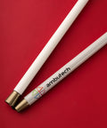 Close-up of Graphite Cane with logo on white shaft, designed for smooth low impact ambulation, lightweight and foldable.