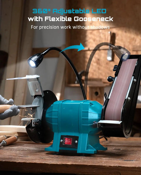 Beefed Up 2X27 Belt Sanding Station Combined With A 6 Inch Grinding Wheel with adjustable LED for precision work.