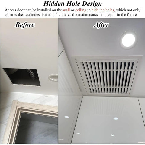 Top Shelf Aluminum Louvered Access Panel With Built In Filter For Drywall Vent And Attic Inspection Door 18x24 Inch, displayed before and after installation.