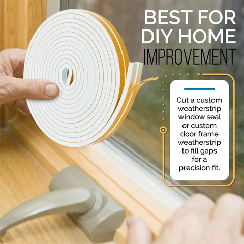 High Density Foam Weather Stripping And Self Adhesive Door Seal Roll Tough As Nails Draft Blocking Insulation Tape For Windows Doors And AC durable one inch wide white roll being applied to window frame