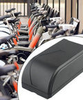 Extra Large Waterproof Controller Box For Electric Bikes And Scooters Built Tough As Nails With Grip Tight Mount Rack next to parked bikes.