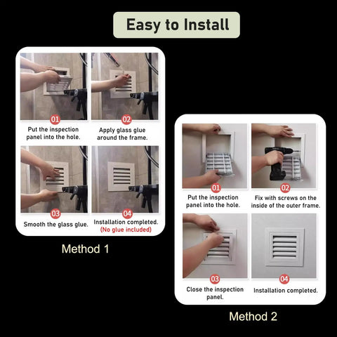 Installation instructions for Removable Aluminum Access Panel 36 By 36 Inches Drywall Inspection Hatch Door with two methods.