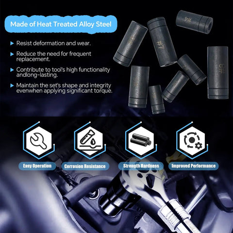 Image showing Eight Piece Tap Socket Set With One Quarter Inch Drive And Three Eighths Inch Drive Fits All MCTI Standard Taps Up To One Half Inch And One Eighth Inch NPT Plus Metric Up To Twelve Millimeters For Socket Wrench Kits with heat-treated alloy steel sockets and wrench in use.