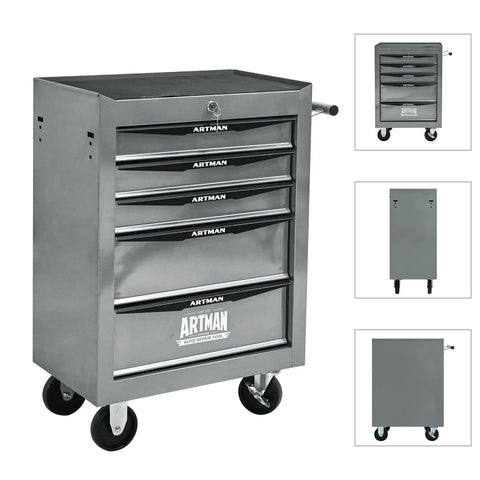 Lockable Rolling Tool Cart Cabinet With Steel Body And Ball Bearing Slides For Garage Workshop Tool Crib Must Haves with five drawers.