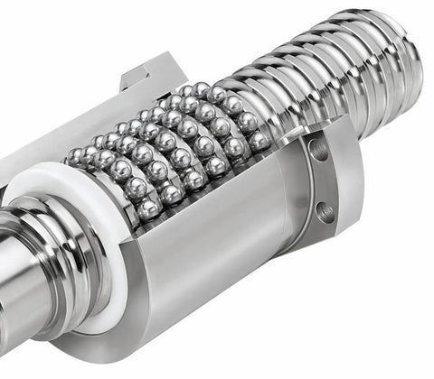 SFU1605 Ball Screw Nut Assembly For CNC Machines, 16mm Diameter, 5mm Lead, 400mm Length, High Precision GCr15 Steel, Low Noise, Rock Solid Performance, Smooth Operation, Easy Installation close-up with exposed ball nut