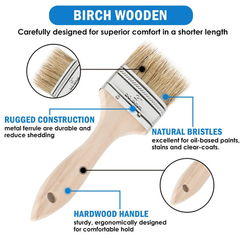 Six Piece Chip Paint Brush Set With 1 Inch 2 Inch 3 Inch Natural White Bristles And Solid Wooden Ergonomic Handles For Oil Based Paint