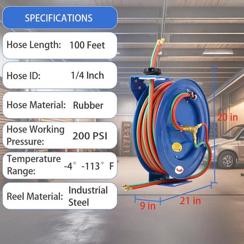 Retractable Welding Hose Reel With One Quarter Inch By One Hundred Feet Twin Oxygen Acetylene Hoses, 200 PSI, in garage setup.