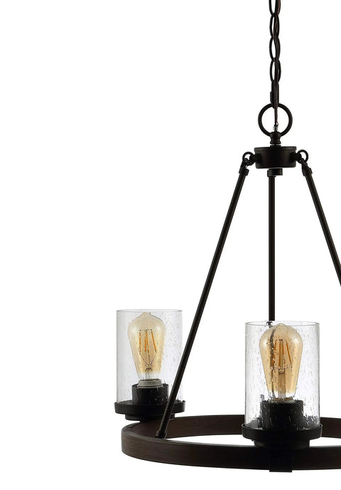 Oil Rubbed Bronze 20 Inch Three Light Rustic Farmhouse LED Chandelier With Wagon Wheel Design, Seeded Glass Shades
