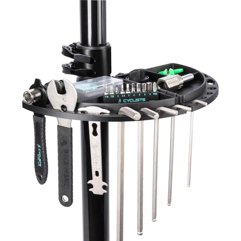 Pro Grade Bike Repair Stand For E Bikes And Mountain Road And Hybrid Bikes Heavy Duty Workstand tool tray close-up with tools