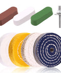 Badass 3 Inch Buffing Polishing Wheel Kit Featuring Workhorse Sisal Denim And Ultra Plush Cotton Buffer Discs Paired With Classic Brown Tripoli White Diamond And Green Rouge Compounds For Shop Grinding Tasks includes three compounds and various buffing wheels.
