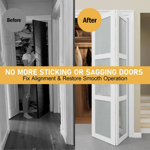 Top Pivot And Guide Wheel Replacement Kit For Bi Fold Closet Doors demonstrated with before and after door repair results