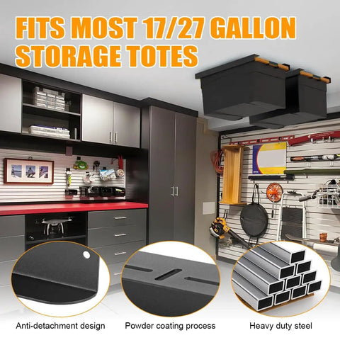 Overhead Garage Storage Rack For Ceiling Mount, Heavy Duty Ceiling Bracket For Garages Sheds Storerooms, Adjustable Width And Orientation, Black Finish, Multiple Bins Installed, DIY Friendly Install, Space Saver