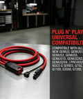 Two Pack X-Connect SAE Adapter Accessory With Polarity Reversal, Rugged 14AWG Copper Cable, Waterproof Connector on table.