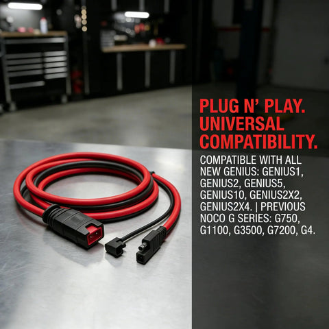 Two Pack X-Connect SAE Adapter Accessory With Polarity Reversal, Rugged 14AWG Copper Cable, Waterproof Connector on table.