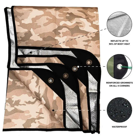 All Weather Survival Blanket With Reflective Heat, Camp Ready Emergency Tarp, Desert Camo 60 By 82 Inches, corner grommets visible