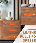 Orange Leather Drawer Pulls 4 Pack For Dresser Cabinets Cupboards And Closet Doors With 3.7 Inch Hole Center installed on wood dresser