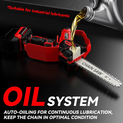 Auto-oiling of Powerful Mini Chainsaw Kit 8-Inch with 800W brushless motor for tree pruning and wood cutting.