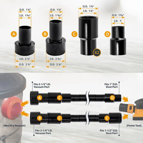 10 Ft Dust Collection Hose Kit With 5 Fittings For Woodworking Tools And Shop Vacuums showing various fittings and adapters
