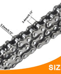 Close-up of 25 Drive Chain 132 Link Breaker Kit For Razor MX500 MX650 showing chain dimensions of 3.2mm and 3.4mm on metal links.
