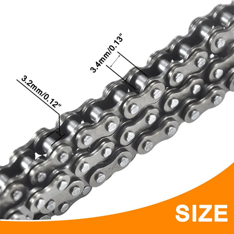 Close-up of 25 Drive Chain 132 Link Breaker Kit For Razor MX500 MX650 showing chain dimensions of 3.2mm and 3.4mm on metal links.