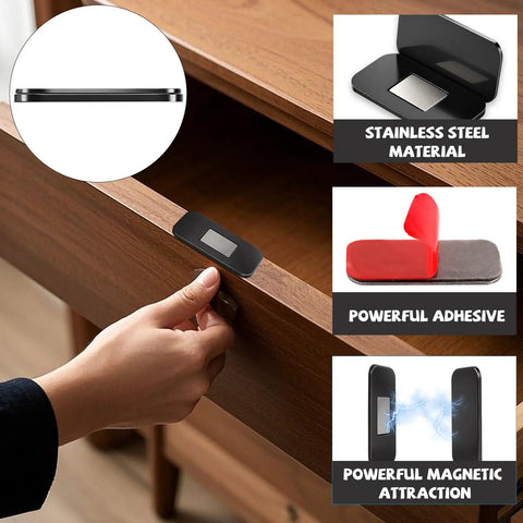Ultra Thin Magnetic Cabinet Magnets For Smooth Closure 24 Pack With Adhesive Backing on wooden drawer, black 1.6x0.8 inches