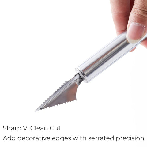 Hand holding V shape carving tool from 2 Piece Spiral Vegetable Cutter And V Shape Carving Tool Set Handheld Stainless Steel Kitchen Tools