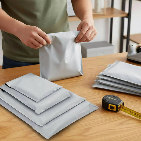 Person handling 200 Pack Poly Mailers With Four Assorted Sizes 10 By 6 Inches, 11.8 By 7.8 Inches, 13.7 By 9.8 Inches, And 16.6 By 11.4 Inches