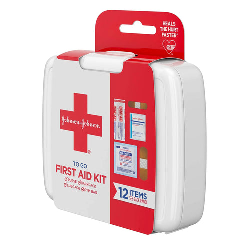 Grab And Go Mini First Aid Kit For Travel Emergency Wound Care With Adhesive Bandages Gauze Pads And Wipes For Purse Backpack Gym Bag Car Or Luggage 12 Count in white plastic case.