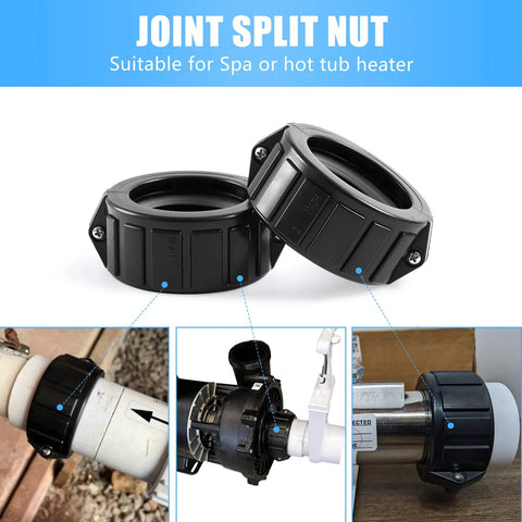 Spa heater split-nut unions, pair of black 2-inch fittings with screws and gasket, front view