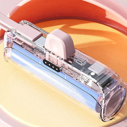 No Sweat Battery Charging Case For Rechargeable Cells Solderless DIY Power Bank Housing showing transparent design and USB port.