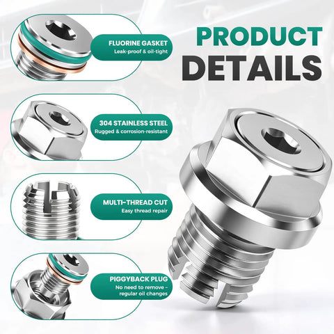 Rugged Oversize Piggyback Oil Drain Plug M12.1x1.25 Crafted From Top Notch 304 Stainless Steel Features A Wrench And Gasket Kit To Fix Stripped Threads