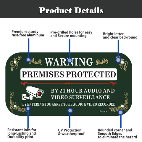 Real Sturdy Aluminum Video Surveillance Signs 2 Pack Keep Your Property Locked Down Smooth Motion Warning Decals For Homes And Buildings Zero Hassle Wall Mounting Setup Installed, green rust-free aluminum warning sign.