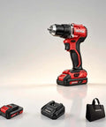 Built Like A Tank 20V Brushless Cordless Drill Driver Pumps Out 90Nm Of Badass Torque shown with two batteries and a carrying bag.