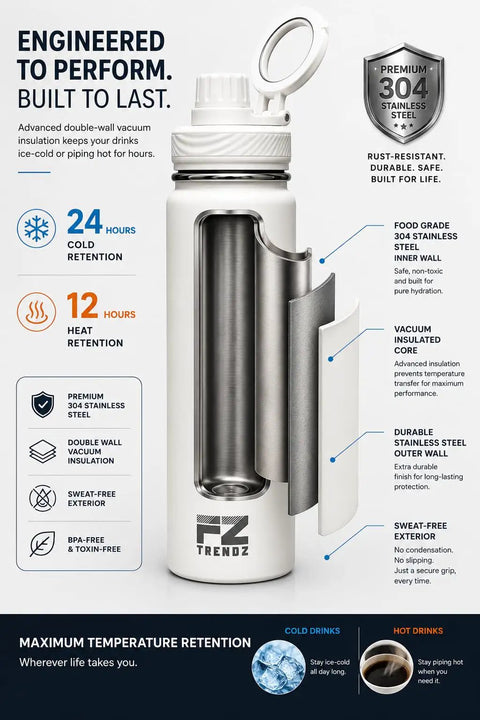 26 Oz MagSafe Water Bottle With Snap On Phone Cradle Double Wall Steel close-up showing insulation features and design details.