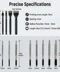 Specifications of prongs and punches in Leather Stitching And Hole Punch Set For DIY Leatherwork with 4mm spacing and sizes 1.5mm to 5mm.