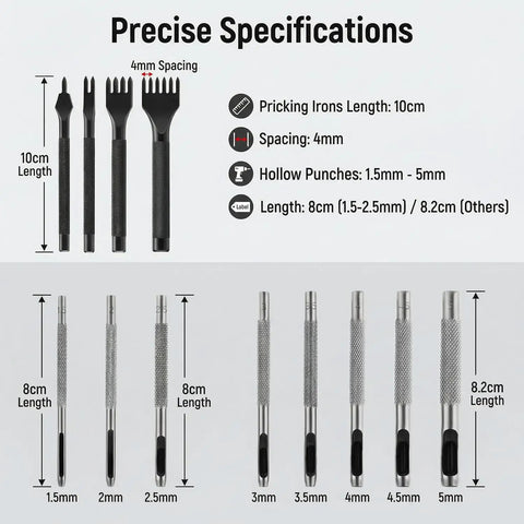 Specifications of prongs and punches in Leather Stitching And Hole Punch Set For DIY Leatherwork with 4mm spacing and sizes 1.5mm to 5mm.